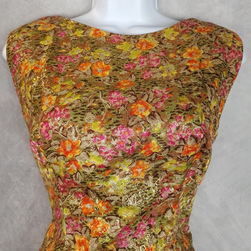 Vintage Suzy Perette Dress Womens Small Floral Metallic Jacquard Fit Flare 60s - Picture 2 of 16
